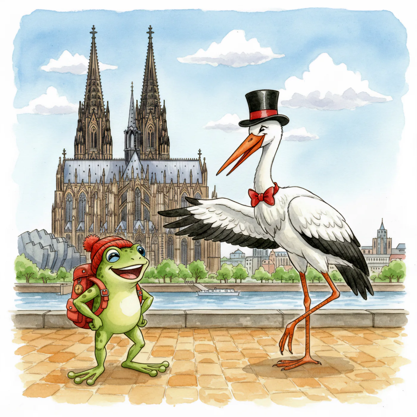 Kiko, der kleine Frosch mit roter Mütze und Rucksack, trifft Lilo, den eleganten Storch mit Zylinder, am Kölner Dom